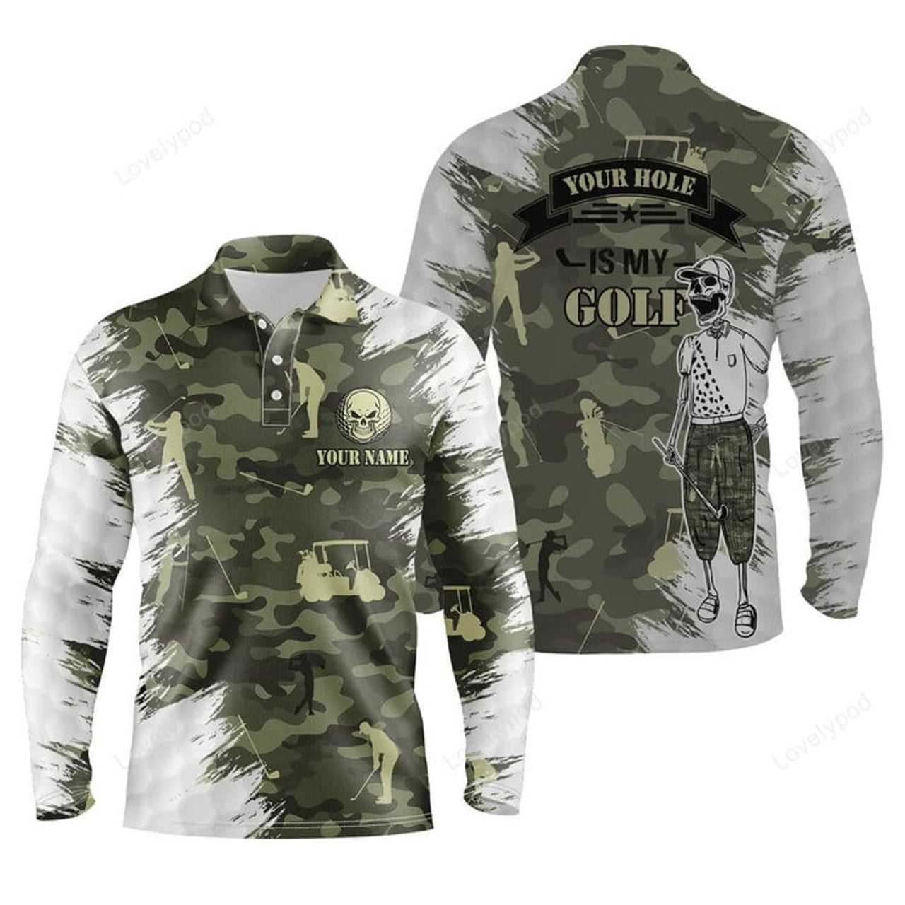 FUNSTUFFPRINT Funny Skull Green Camo Golf Polo Shirts For Men, Custom Name Your Hole Is My Goal Mens Polos Shirt