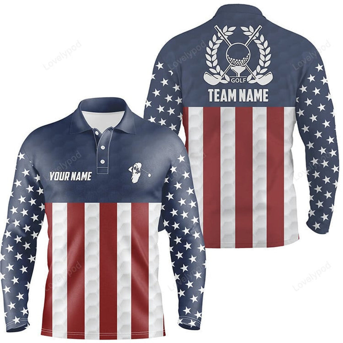 FUNSTUFFPRINT Men Golf Polo Long Sleeve T-Shirts, American Flag Custom Patriotic Team Mens Golf Shirt, Golfing Gifts