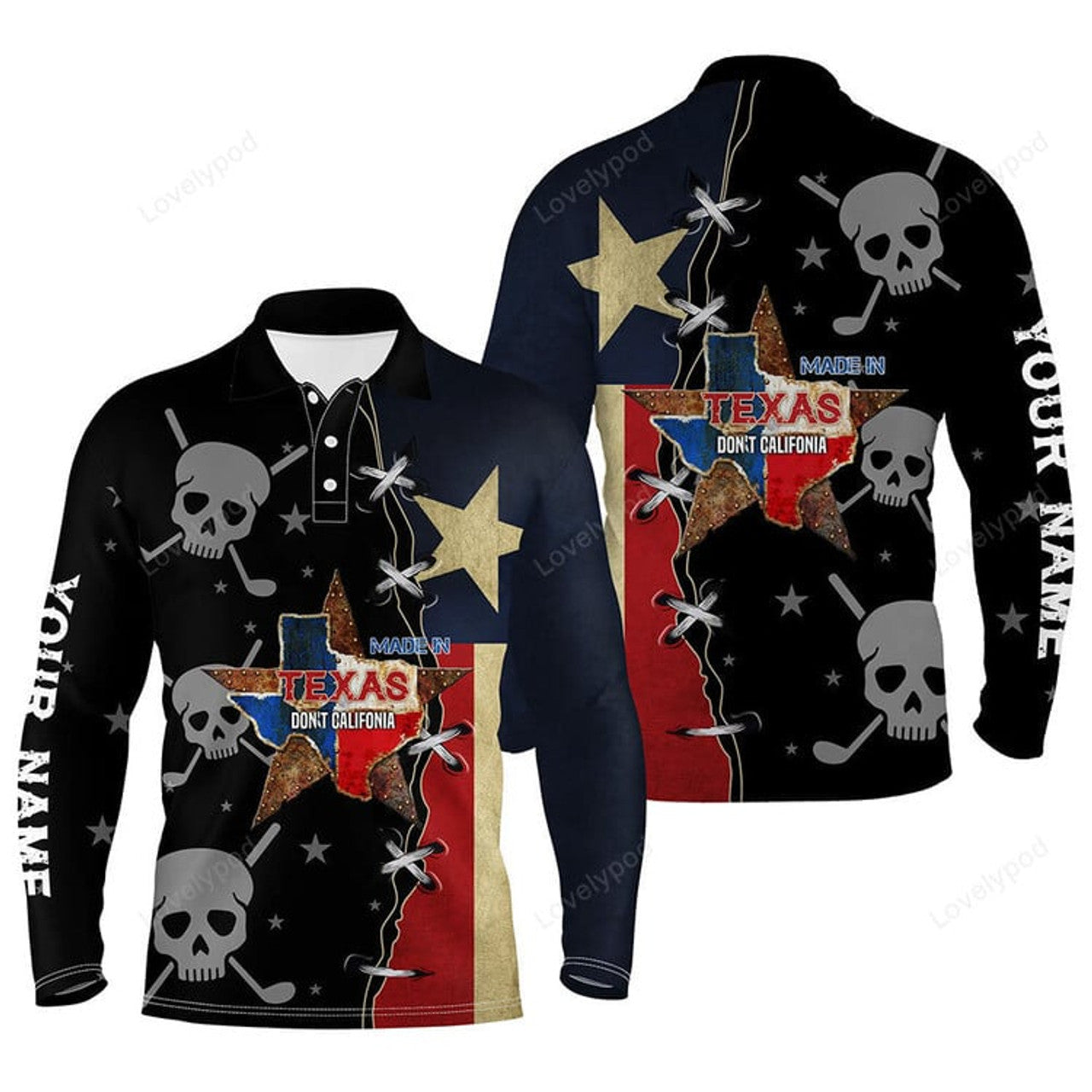 FUNSTUFFPRINT Texas Flag Men Golf Polo Shirts, Custom Golf Shirt With Skulls Golf Shirts For Men