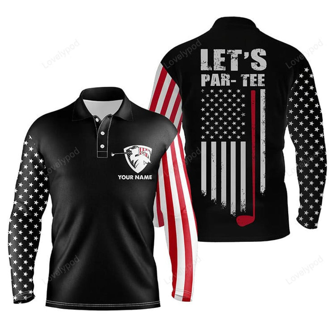 FUNSTUFFPRINT American Flag Golf Long Sleeve Polo Shirt For Men, Custom Let'S Par Tee Patriotic Mens Golf Shirts