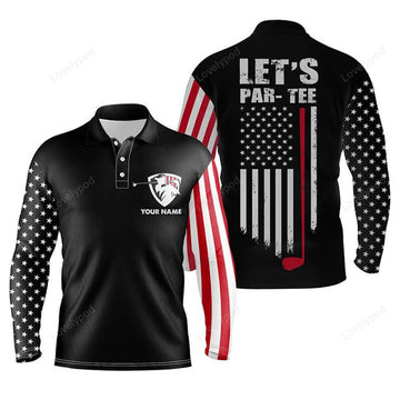 FUNSTUFFPRINT American Flag Golf Long Sleeve Polo Shirt For Men, Custom Let'S Par Tee Patriotic Mens Golf Shirts