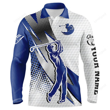 FUNSTUFFPRINT Men Golf Polo Shirts, Custom Name White And Blue Polo Golf Shirts For Men
