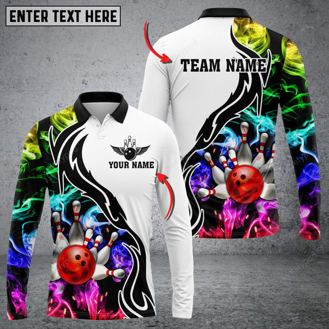 FUNSTUFFPRINT Bowling And Pins Multicolor Smoke Pattern Customized Name Long Sleeve 3D Shirt