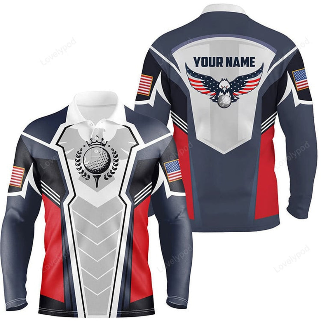 FUNSTUFFPRINT American Eagle Golf Long Sleeve Polo Shirt, Customized Us Flag Golf Shirts For Men