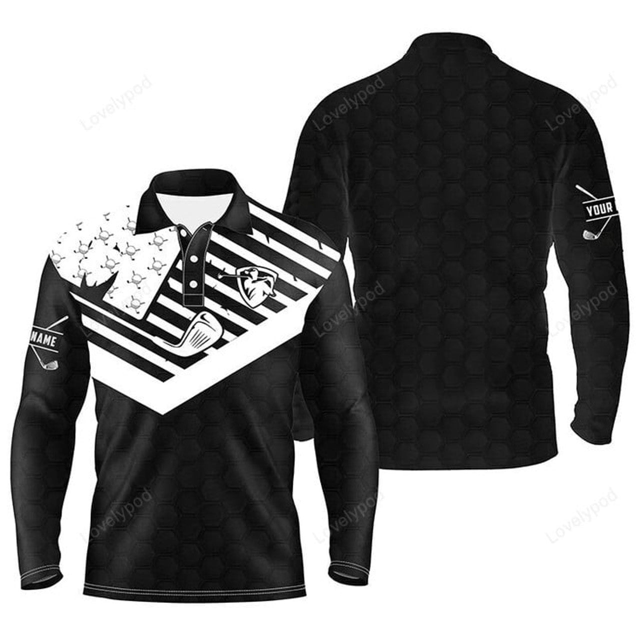 FUNSTUFFPRINT Black White Men Golf Polo Shirt, Custom American Flag Golf Patriotic Golf Polo Shirts