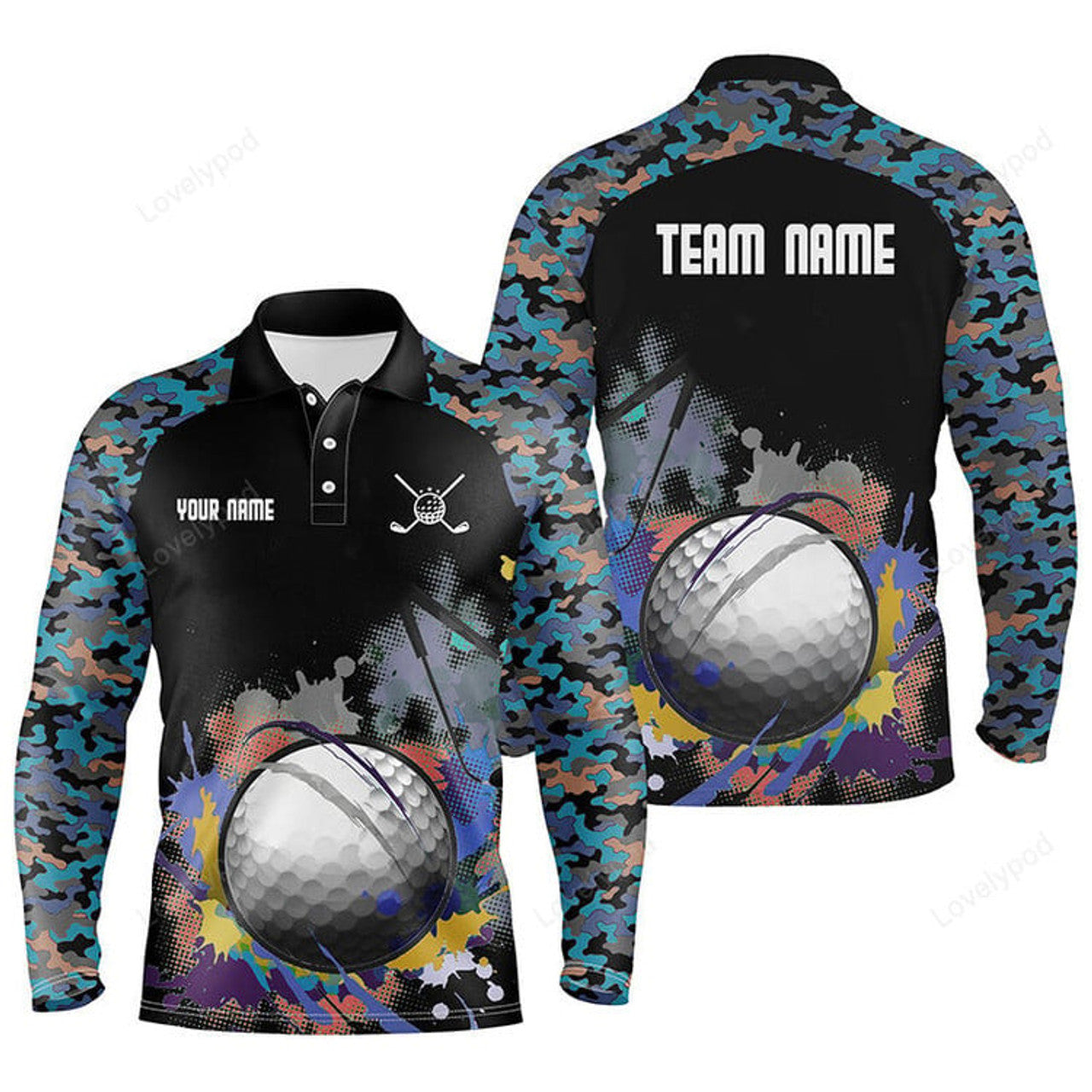 FUNSTUFFPRINT Colorful Camouflage Men Golf Polo Shirt, Personalized Multicolor Wet Paint Golf Shirts