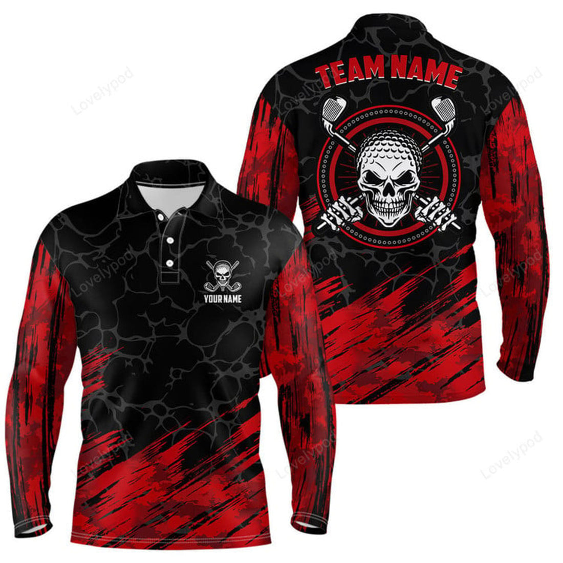 FUNSTUFFPRINT Personalized 3D All Over Print Skull Men Golf Long Sleeve Polo Shirt, Red And Black Golf Shirts For Men