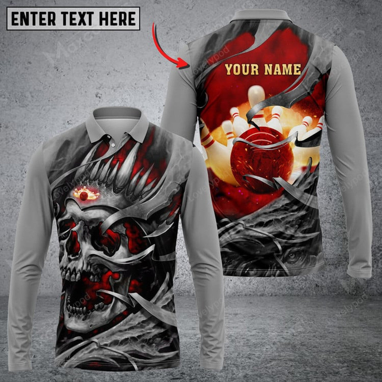 FUNSTUFFPRINT Bowling Skull Pattern Multicolor Option Customized Name Long Sleeve 3D Shirt