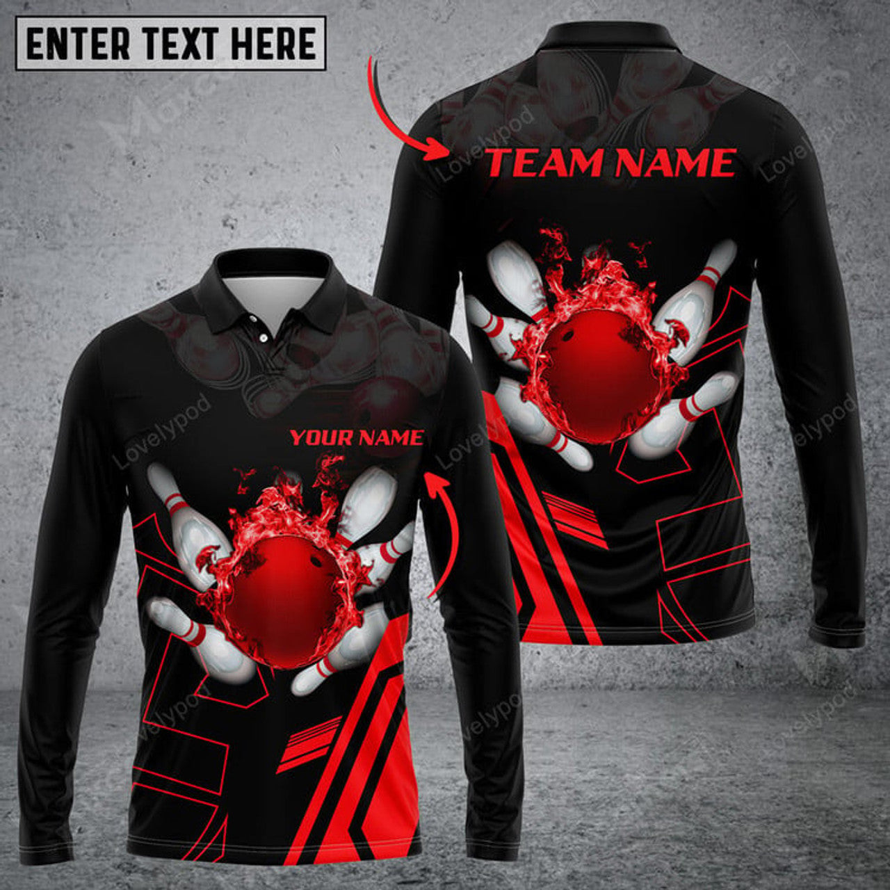 FUNSTUFFPRINT Bowling Ball Flame Multicolor Option Customized Name Long Sleeve 3D Shirt