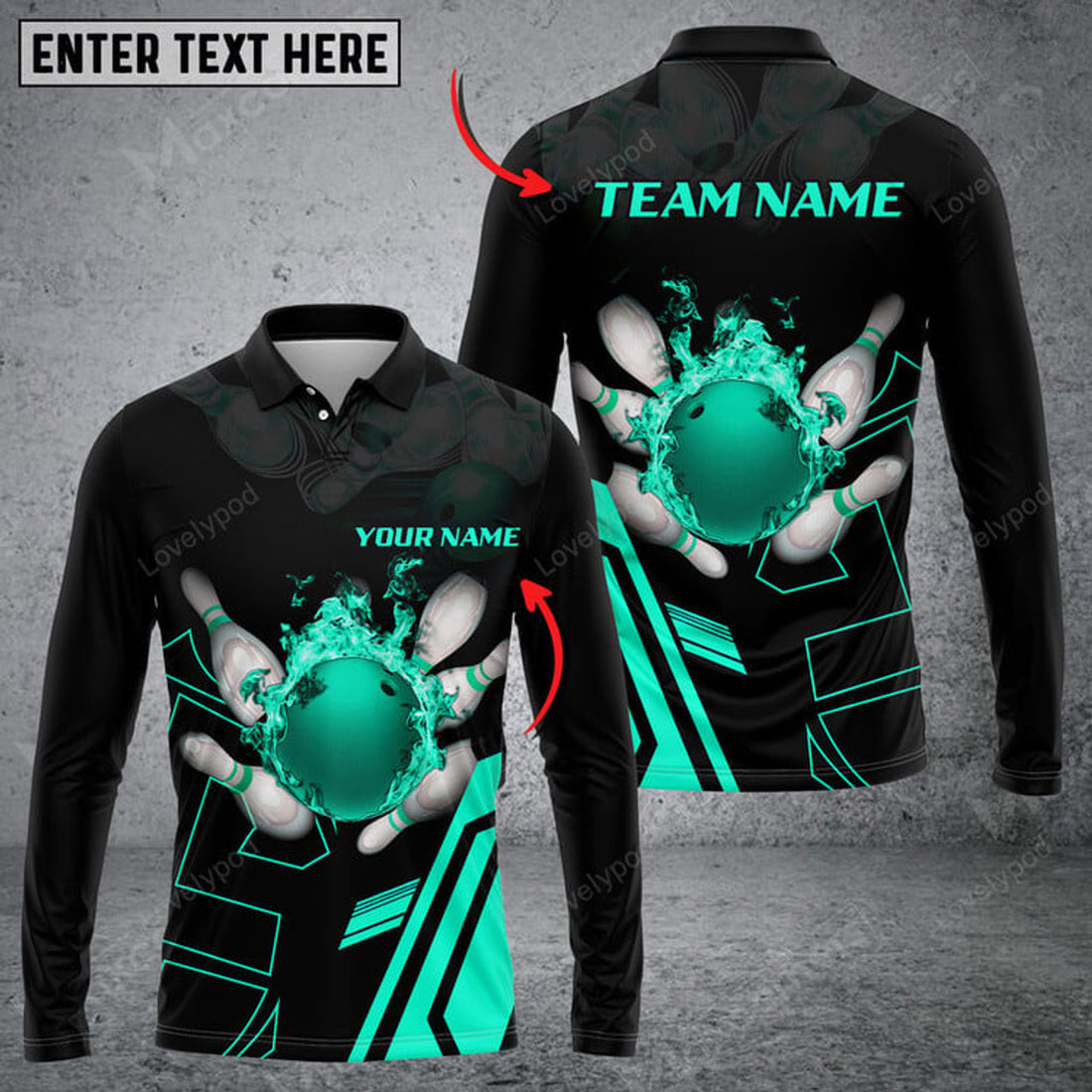 FUNSTUFFPRINT Bowling Ball Flame Multicolor Option Customized Name Long Sleeve 3D Shirt