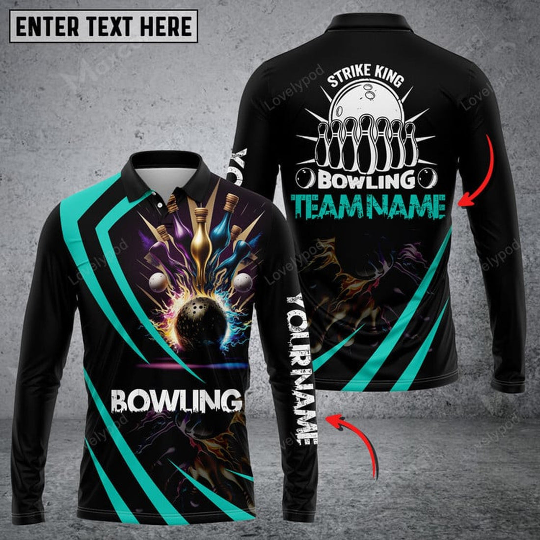 FUNSTUFFPRINT Strike King Bowling Multicolor Option Customized Name Long Sleeve 3D Shirt