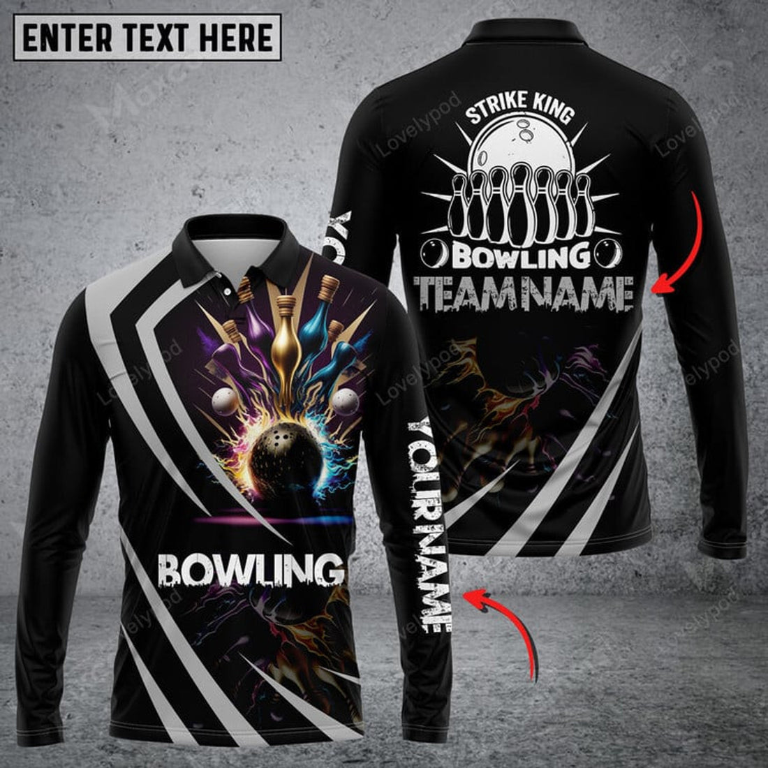 FUNSTUFFPRINT Strike King Bowling Multicolor Option Customized Name Long Sleeve 3D Shirt