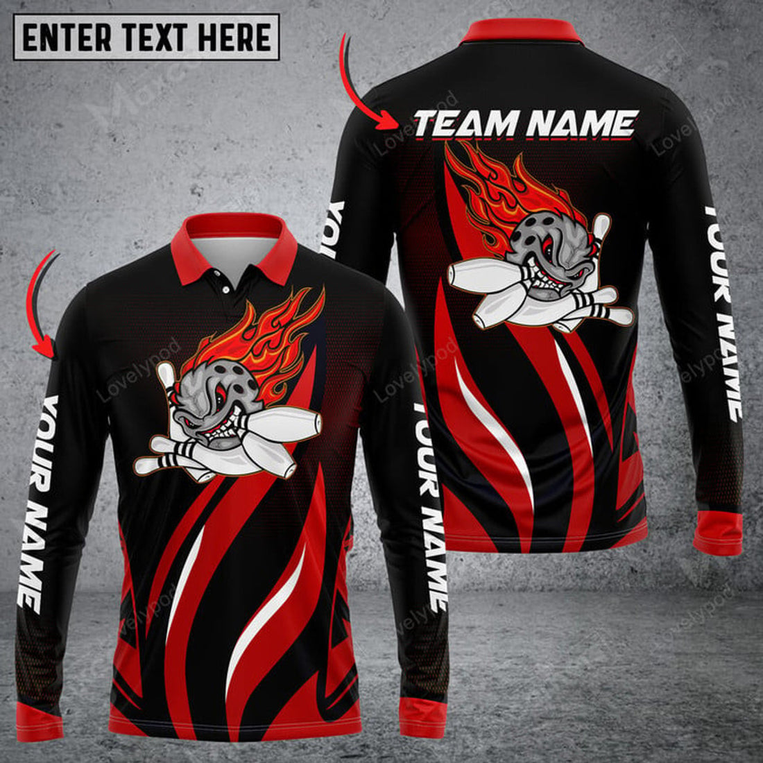 FUNSTUFFPRINT  Funny Bowling Ball Flame Multicolor Option, Customized Name Long Sleeve 3D Shirt
