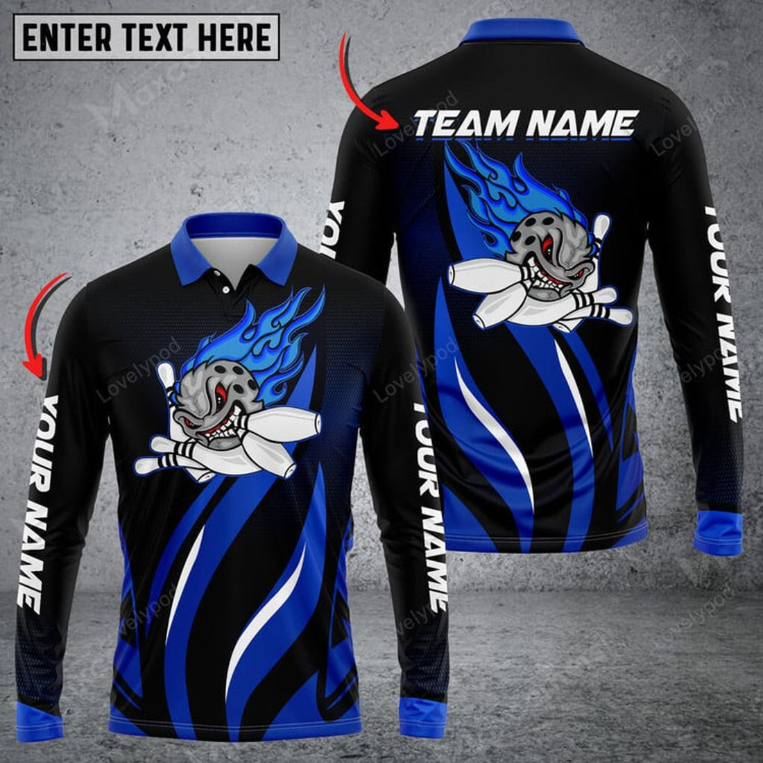 FUNSTUFFPRINT  Funny Bowling Ball Flame Multicolor Option, Customized Name Long Sleeve 3D Shirt