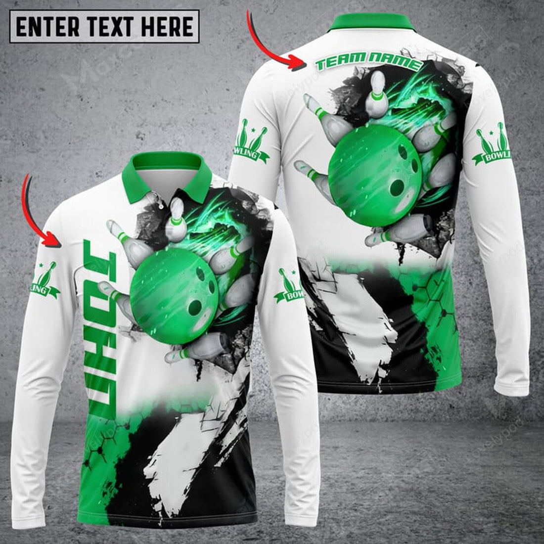 FUNSTUFFPRINT  Bowling And Pins Hexagram Multicolor Option, Customized Name Long Sleeve 3D Shirt