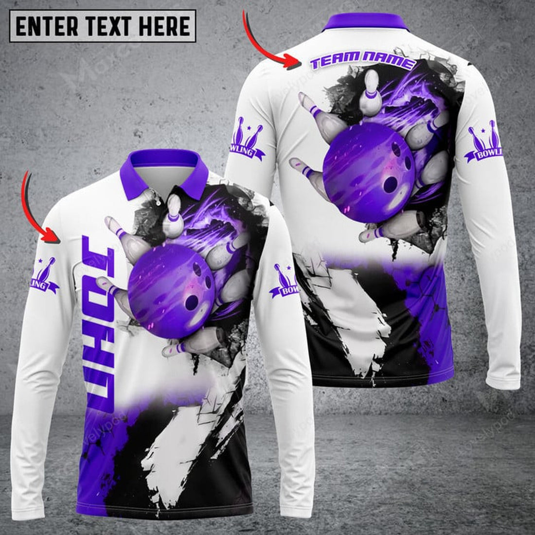 FUNSTUFFPRINT  Bowling And Pins Hexagram Multicolor Option, Customized Name Long Sleeve 3D Shirt