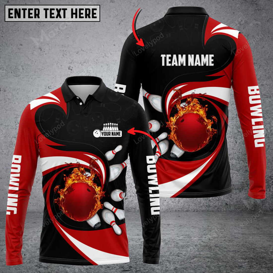 FUNSTUFFPRINT  Bowling Ball And Pins Vortex Pattern Multicolor Option, Customized Name Long Sleeve 3D Shirt