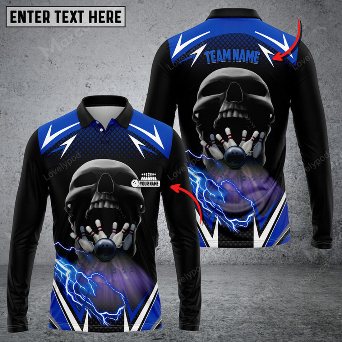 FUNSTUFFPRINT Bowling And Pins Lightning Into Skull Multicolor Option, Customized Name Long Sleeve 3D Shirt