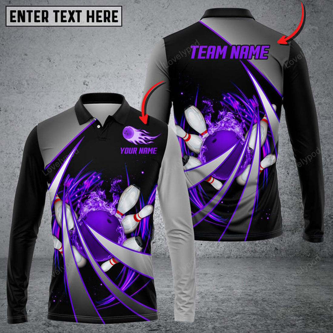 FUNSTUFFPRINT Flame Bowling And Pins Tornado Pattern Multicolor Option Customized Name Long Sleeve 3D Shirt