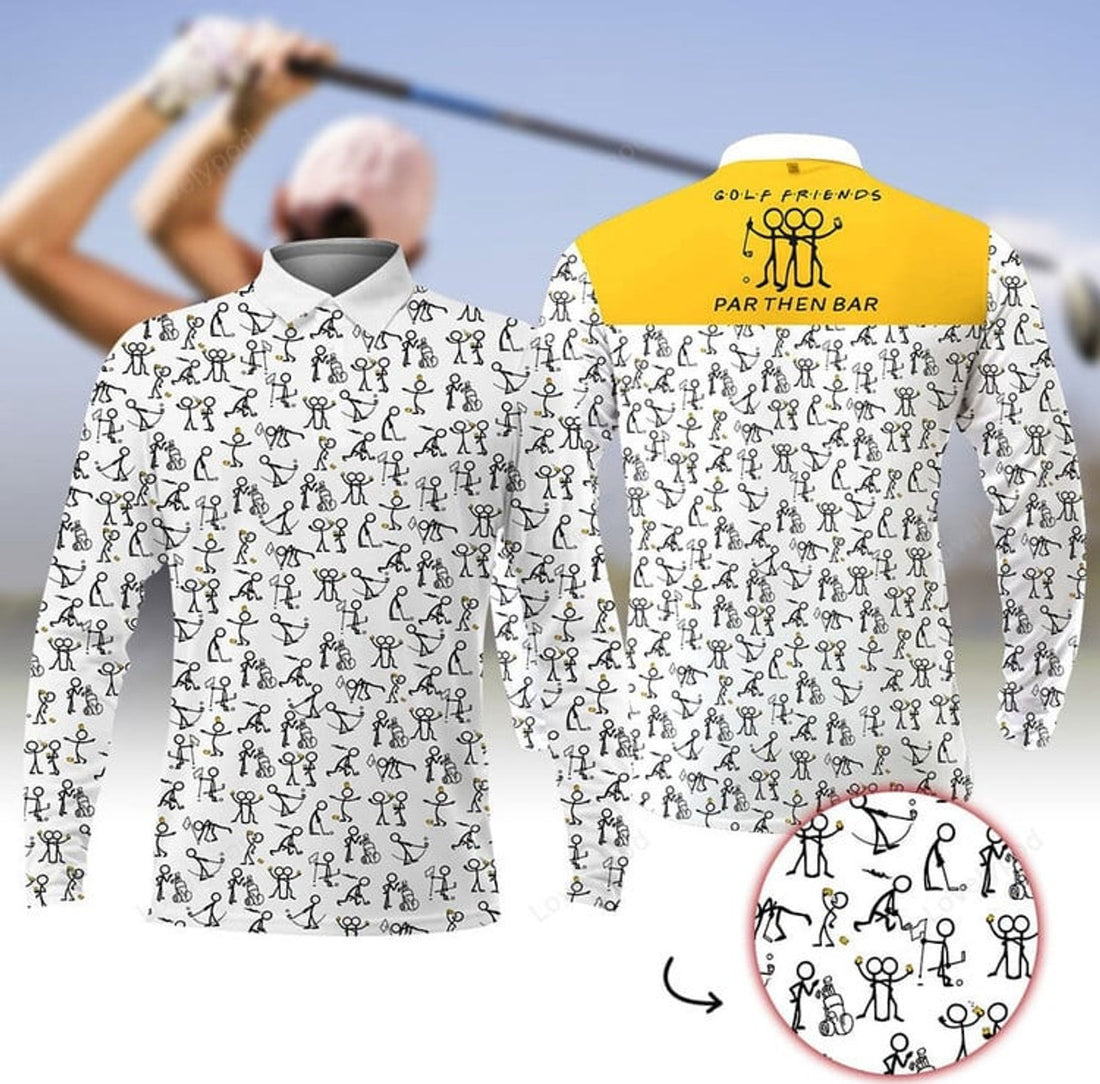 FUNSTUFFPRINT Golf Friends Par Then Bar Men Golf Long Sleeve Polo Shirt, Custom Golf Shirt, Gift For Golf Lover