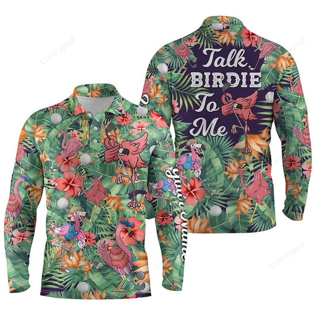 FUNSTUFFPRINT Men Golf Long Sleeve Polo Shirt, Custom Green Tropical Flower Flamingo Golf Shirts, Talk Birdie To Me