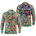 FUNSTUFFPRINT Men Golf Long Sleeve Polo Shirt, Custom Green Tropical Flower Flamingo Golf Shirts, Talk Birdie To Me