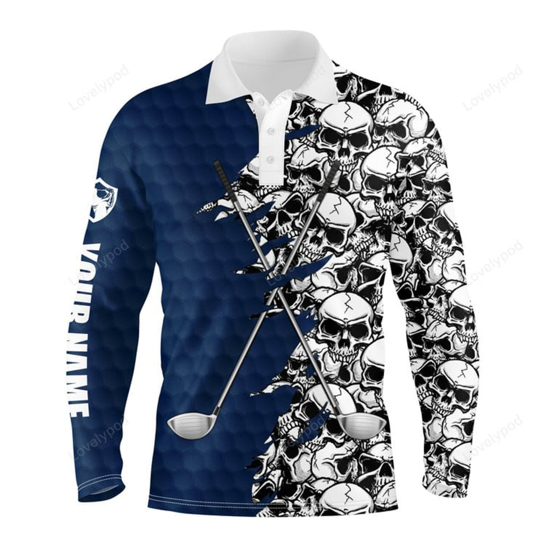 FUNSTUFFPRINT Men long sleeve golf tops polo shirt, blue pattern skull golf custom name golf performance shirts