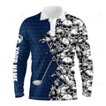 FUNSTUFFPRINT Men long sleeve golf tops polo shirt, blue pattern skull golf custom name golf performance shirts