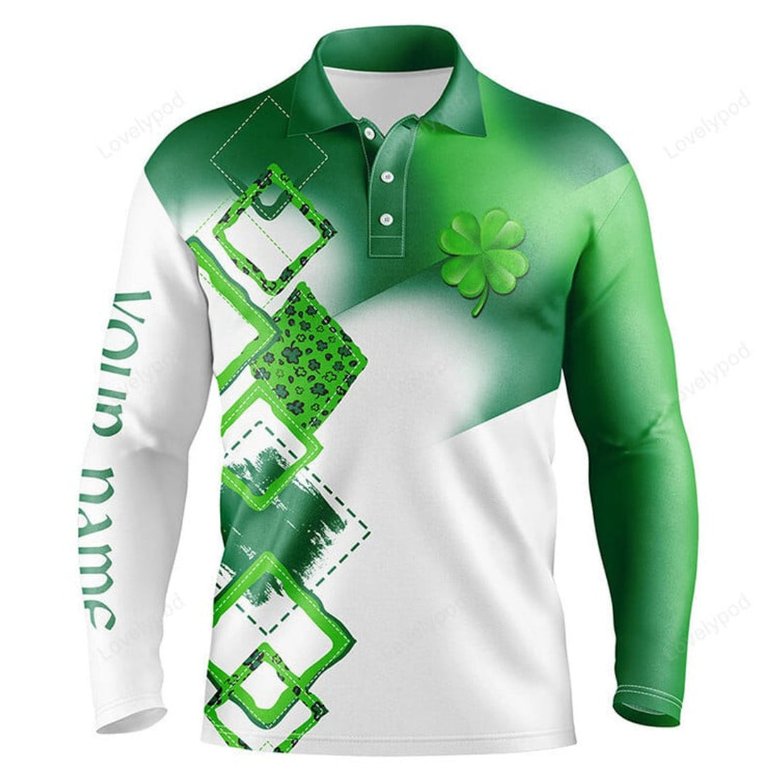 FUNSTUFFPRINT Men Golf Long Sleeve Polo Shirt Custom Name, Green Clover St Patrick Day Golf Shirts, Golfing Gifts