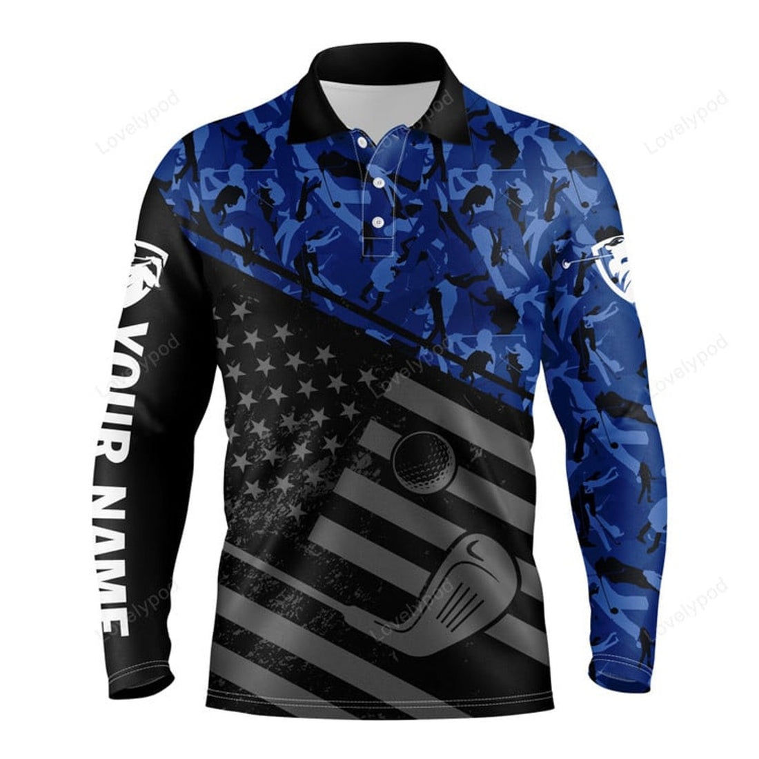 FUNSTUFFPRINT Men Golf Long Sleeve Polo Shirt Black American Flag Patriotic Blue Camo Polo, Custom Name Golfing Gifts