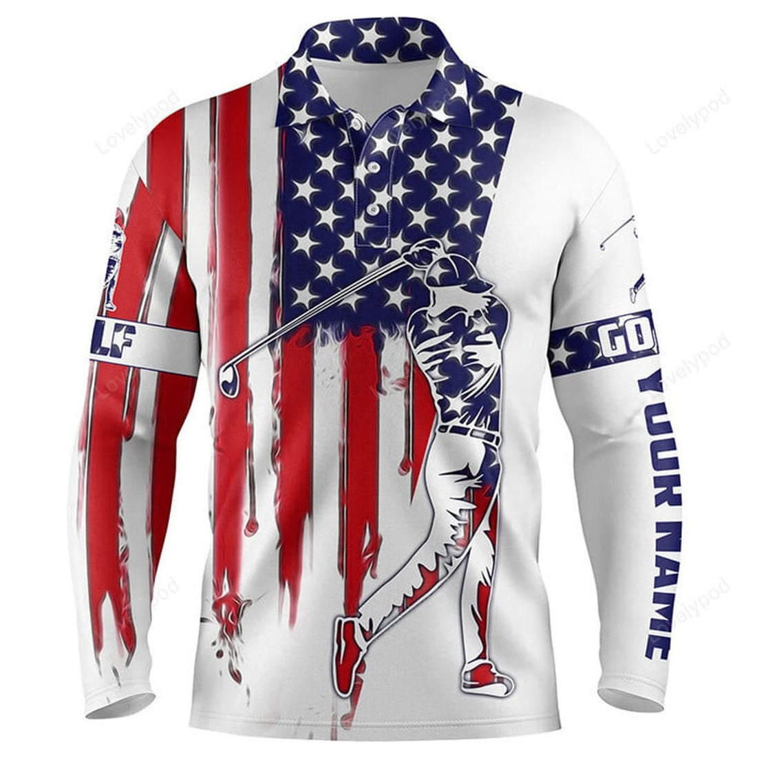 FUNSTUFFPRINT American Flag Men Golf Long Sleeve Polo Shirts, Custom Name Patriot Golf Gifts, Golf Shirts For Men