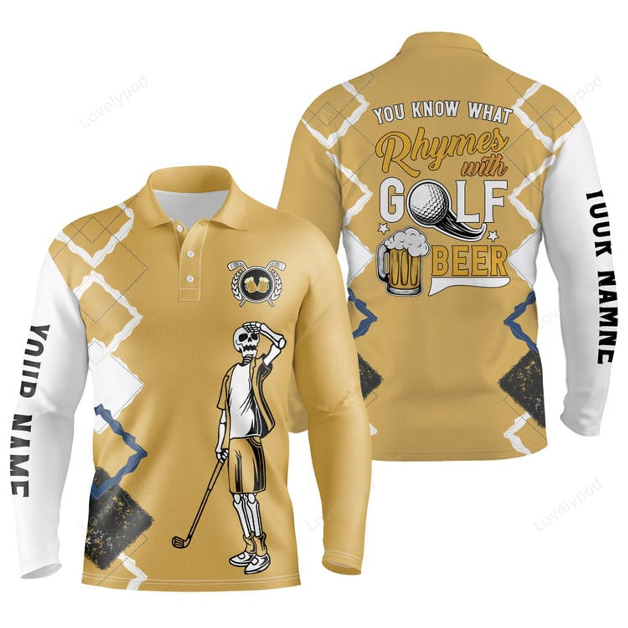 FUNSTUFFPRINT Funny golf skull polo shirts, you know what rhymes with golf beer custom name golf performance shirts