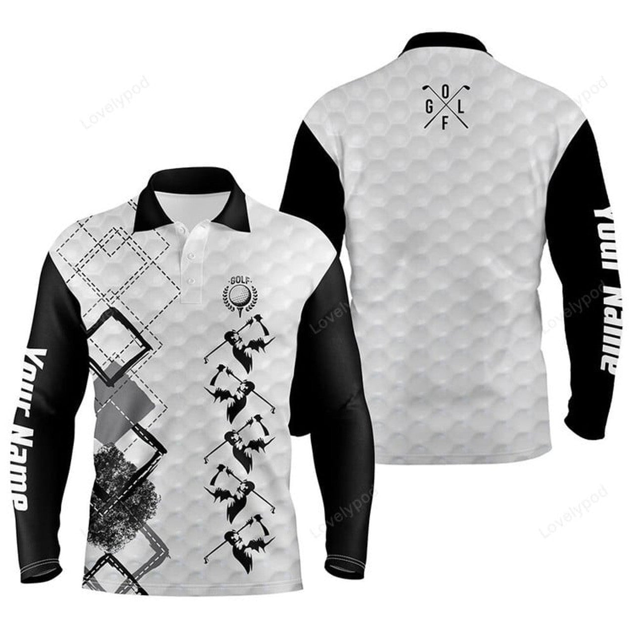 FUNSTUFFPRINT Black and white Men golf polo shirt, custom name men's golf apparel, gifts for golf lovers