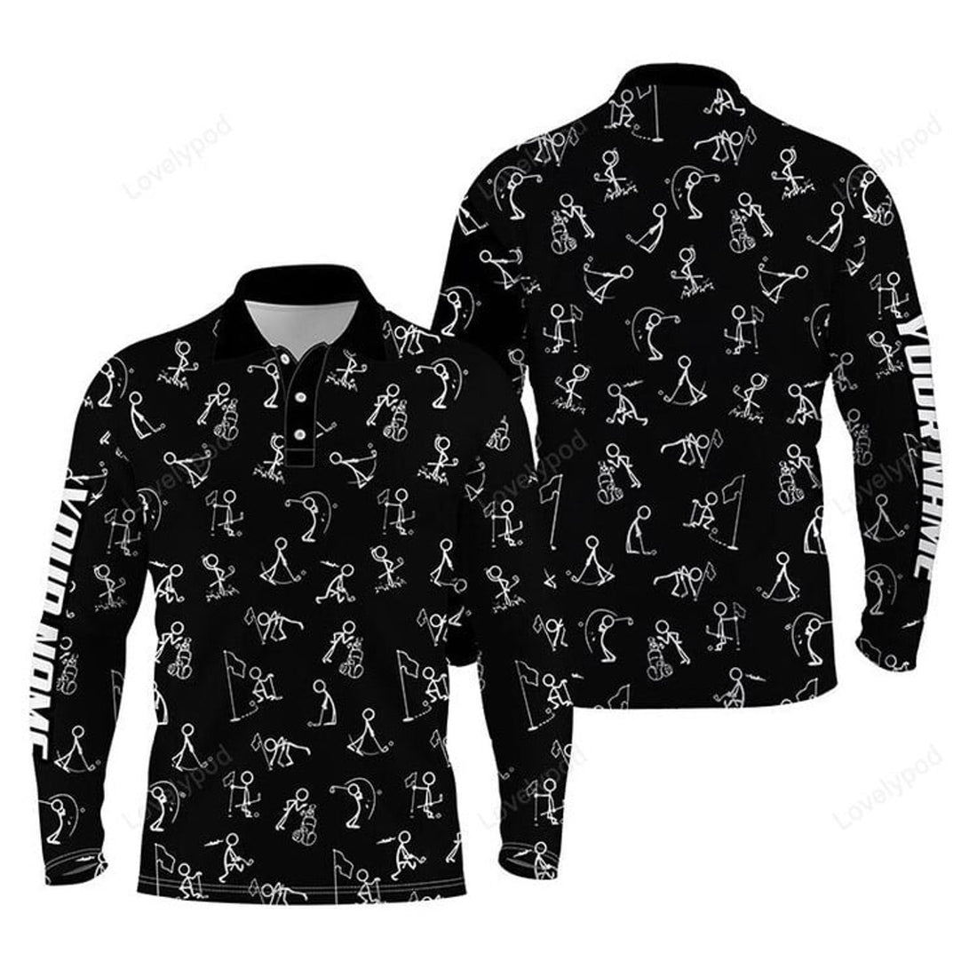 FUNSTUFFPRINT Men Golf Polo Up Shirts, Custom Name Funny Golf Pattern, Black Long Sleeve Polo Shirt