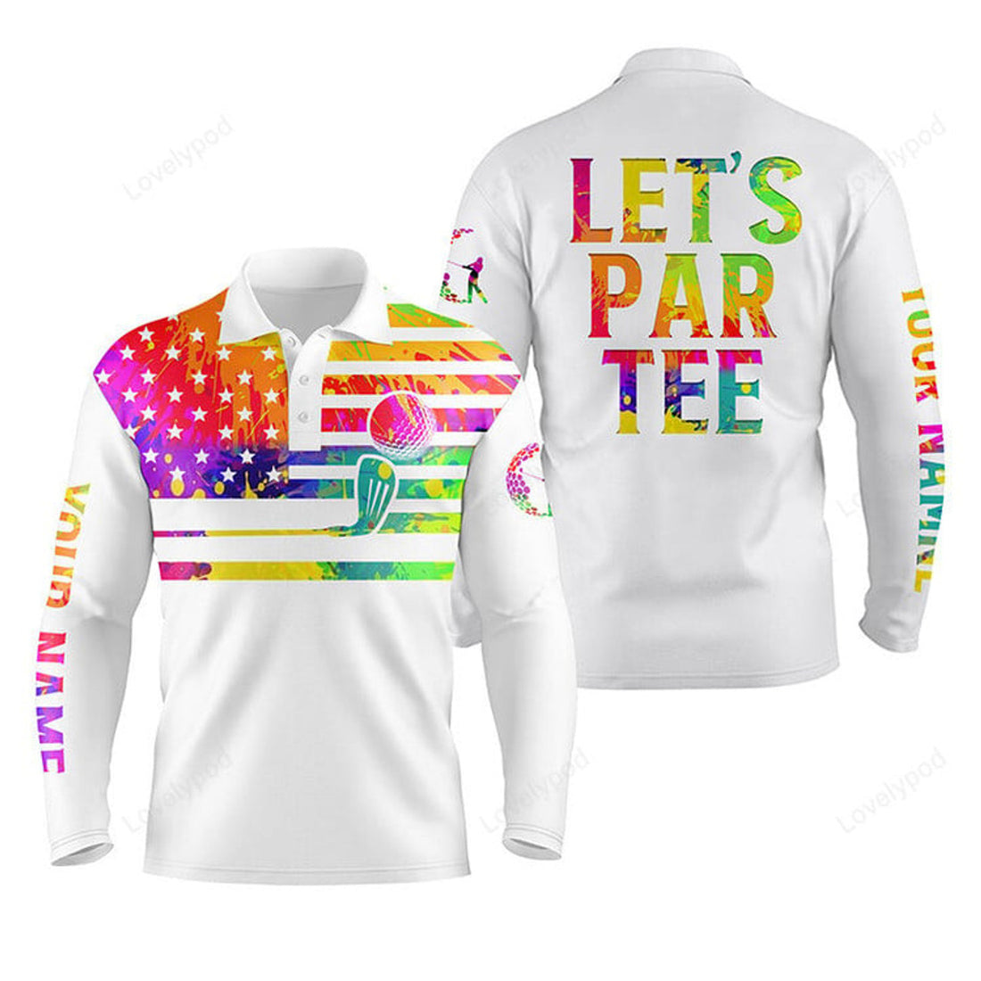 FUNSTUFFPRINT Men Golf Long Sleeve Polo Shirt, Watercolor American Flag Custom Name Let’S Par Tee White Golf Shirt