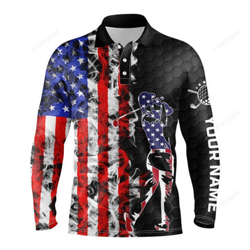 FUNSTUFFPRINT American flag men black golf polo shirt, custom name patriotic unique golf gift ideas for him