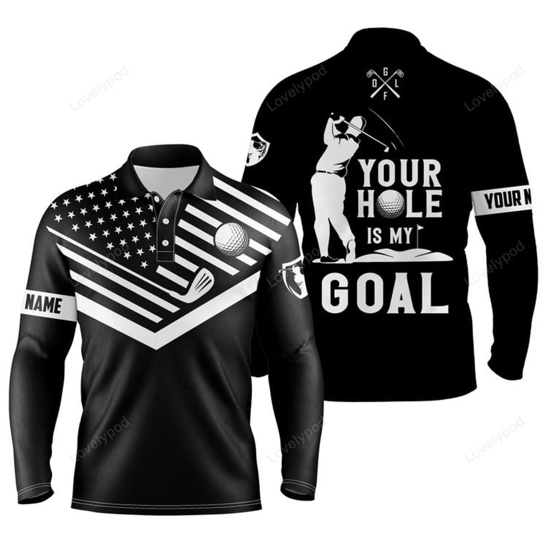FUNSTUFFPRINT Black Men Golf Long Sleeve Polo Shirt, White American Flag Custom Name Your Hole Is My Goal Funny Golf Team Shirt