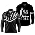 FUNSTUFFPRINT Black Men Golf Long Sleeve Polo Shirt, White American Flag Custom Name Your Hole Is My Goal Funny Golf Team Shirt
