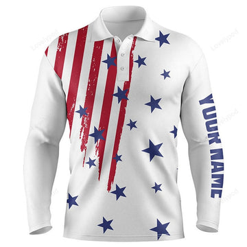 FUNSTUFFPRINT Personalized white golf polo shirts for men, American flag 4th July custom patriot best men golf wears