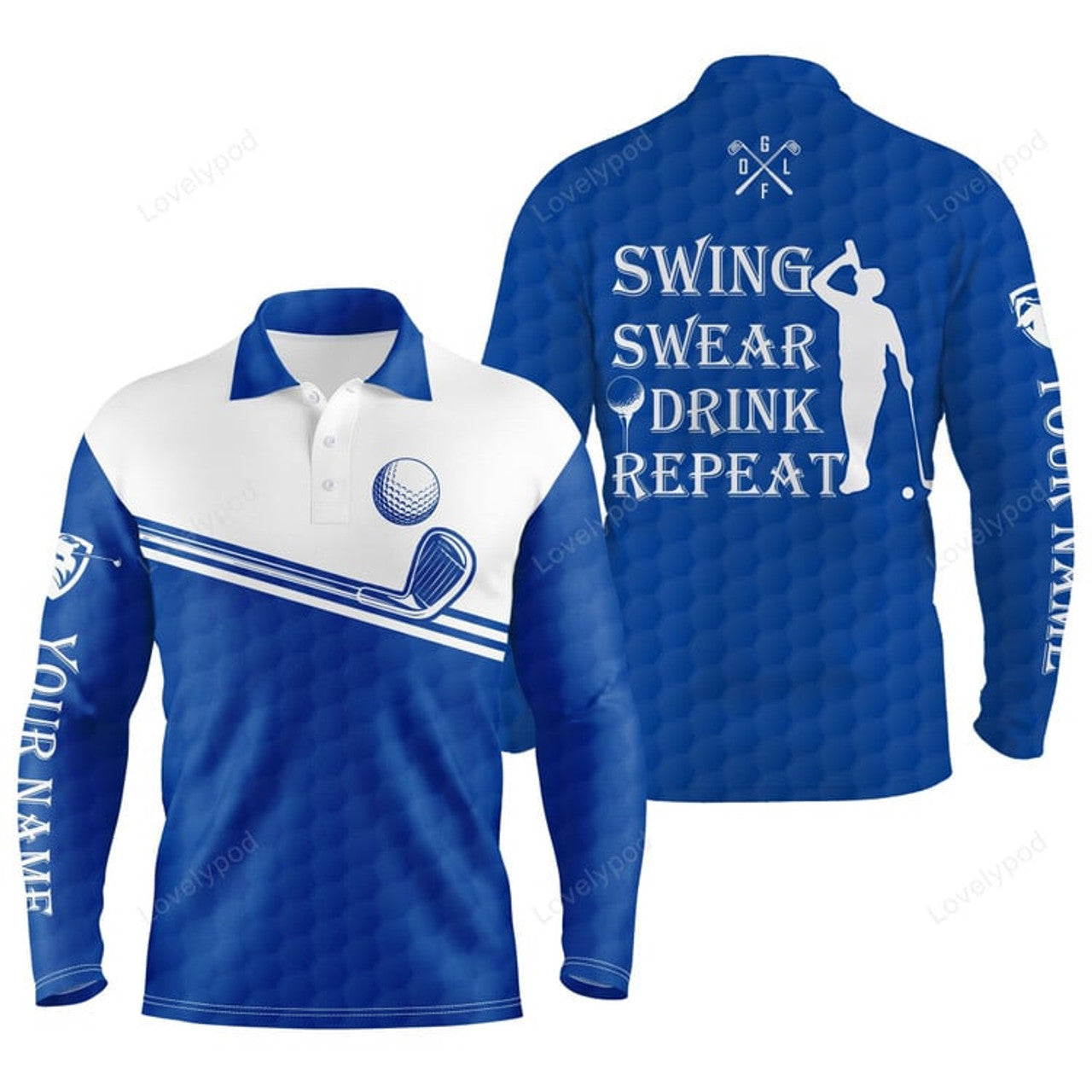 FUNSTUFFPRINT Men golf polo shirt, swing swear drink repeat custom name blue white men golf shirts