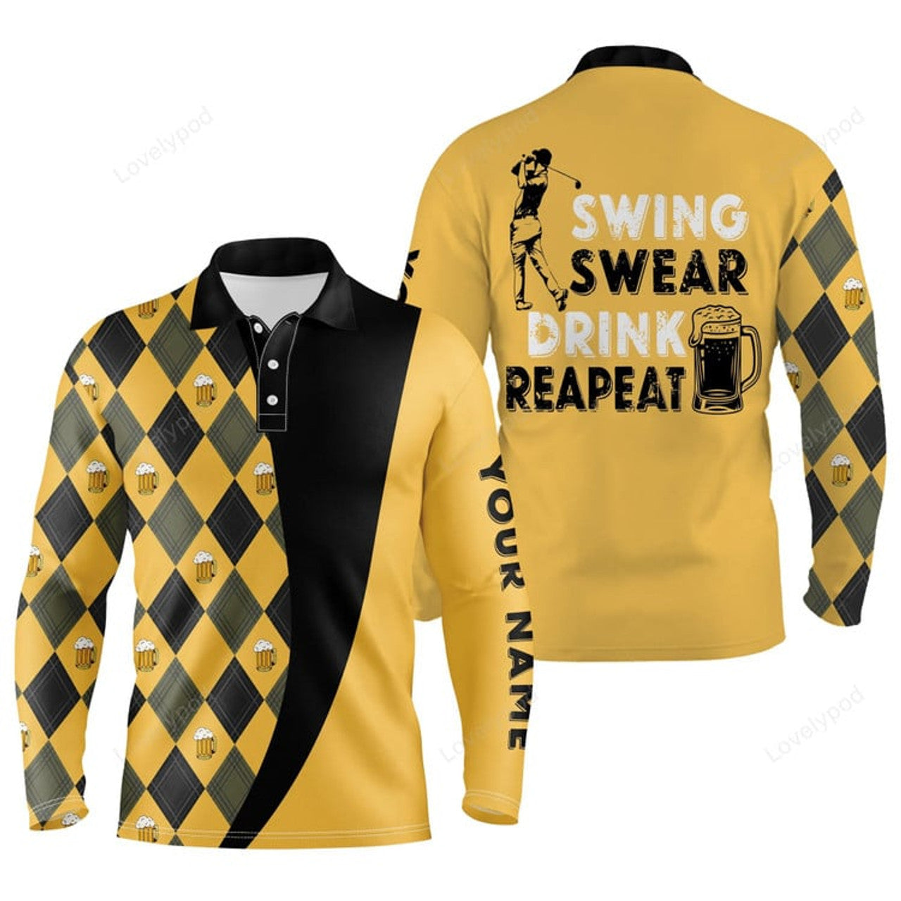 FUNSTUFFPRINT Men golf polo shirts custom name swing swear drink repeat, personalized beer golf shirt for men