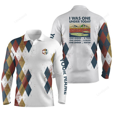 FUNSTUFFPRINT Funny Men golf polos shirt custom name, I was one under today, one under a tree, bush and water