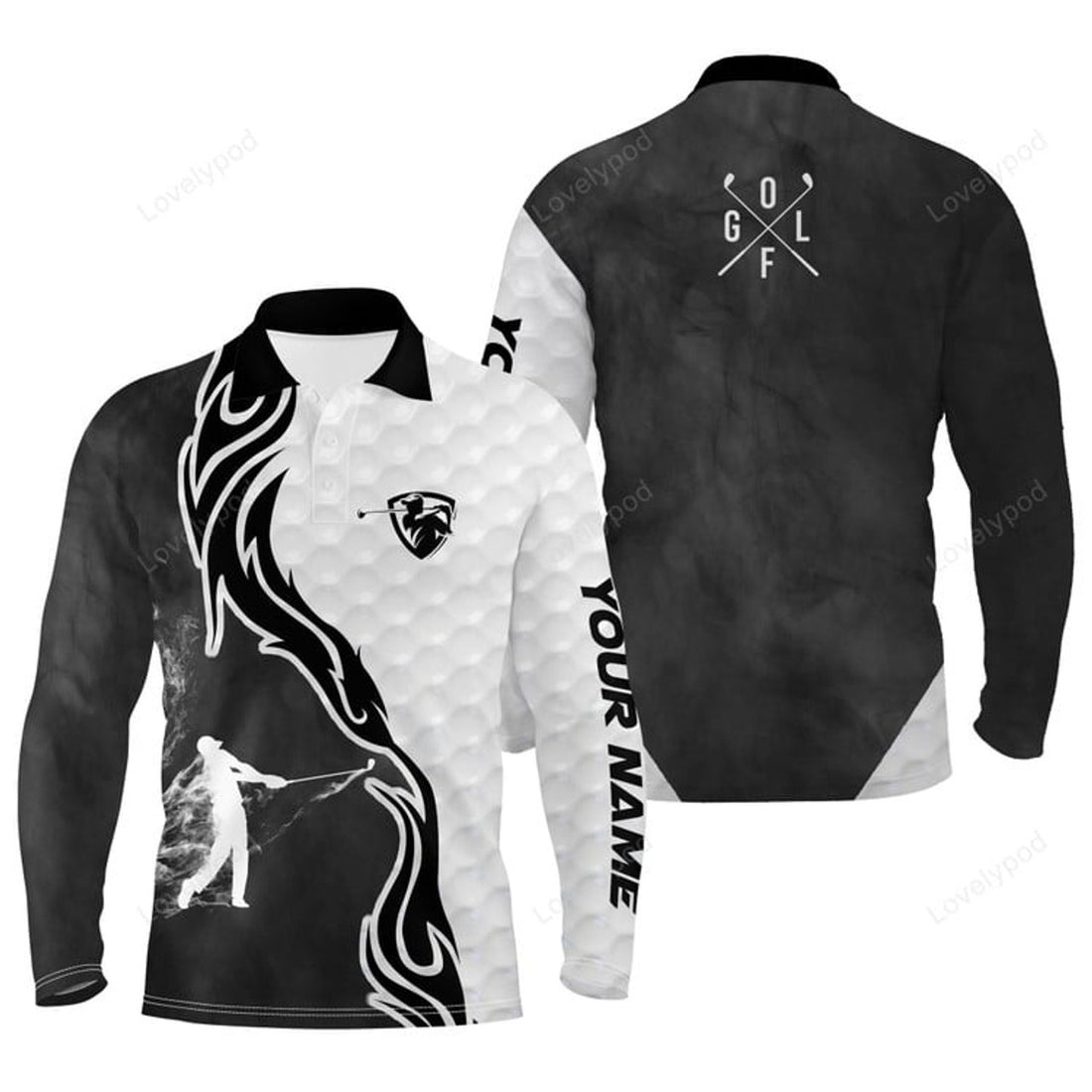 FUNSTUFFPRINT Black and white golf player long sleeve golf polo shirts for men, custom name golfer gifts