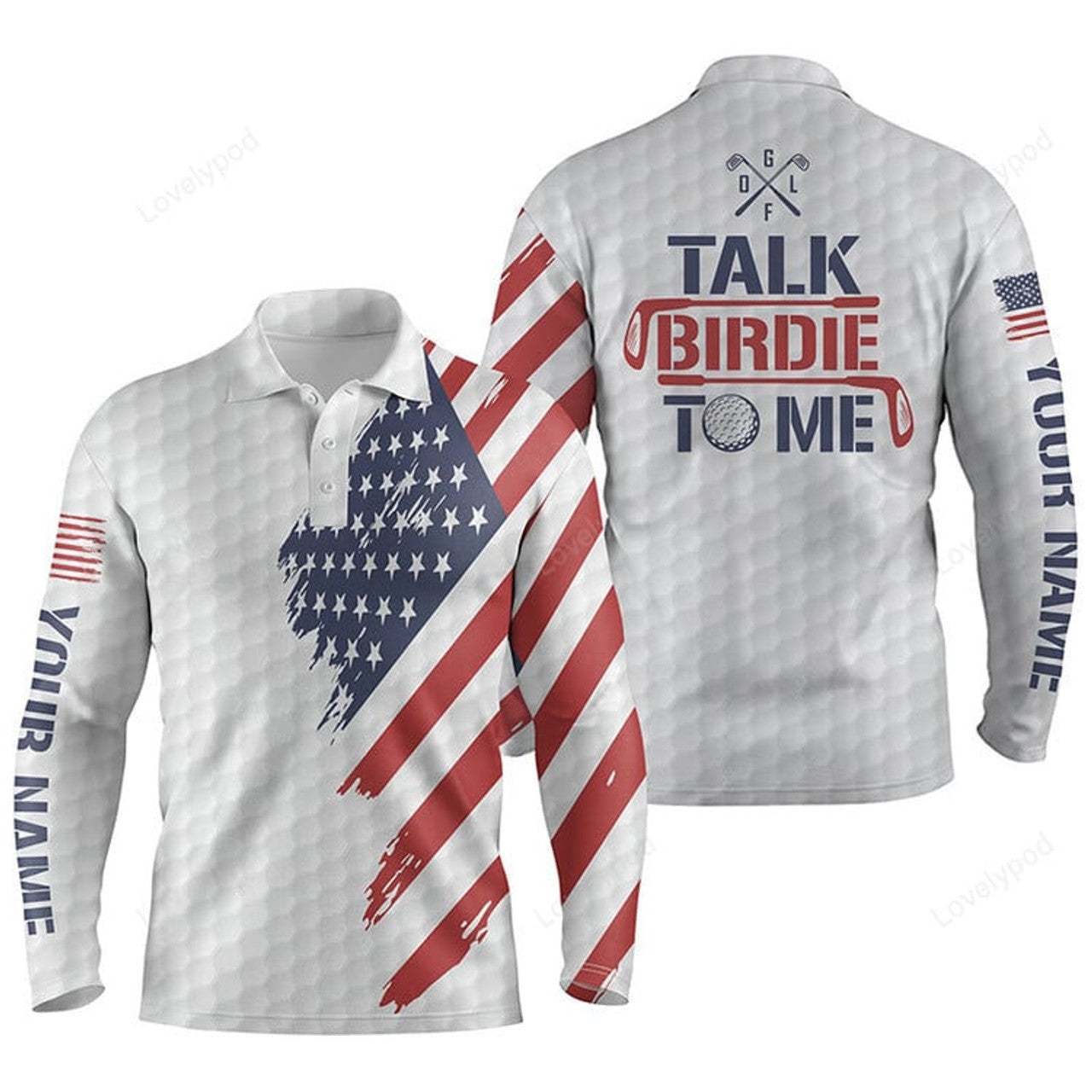 FUNSTUFFPRINT Funny Men golf polo shirt, custom American flag patriotic white golf shirts talk birdie to me