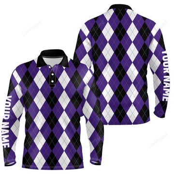 FUNSTUFFPRINT Men golf polo shirts, custom purple argyle plaid Halloween pattern golf attire for men, golfing gifts