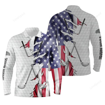FUNSTUFFPRINT Red, white, and blue American flag men golf polo shirts, custom patriotic golf performance shirts