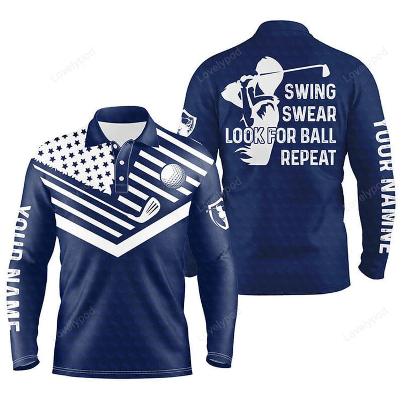 FUNSTUFFPRINT Swing swear look for ball repeat American flag custom name team golf polo shirts