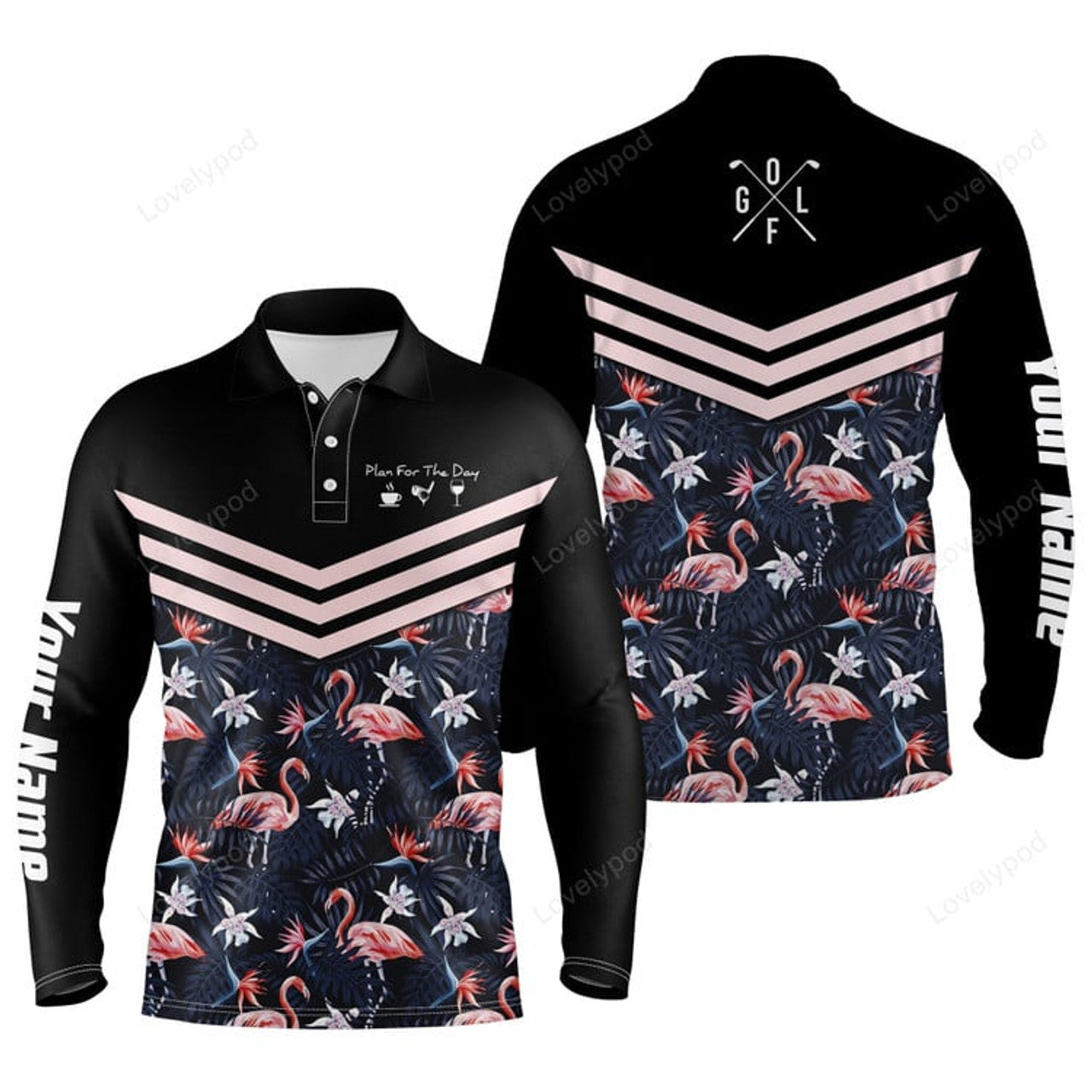 FUNSTUFFPRINT Plan for the day coffee golf wine custom name golf polo up shirts tropical leaf flamingo pattern