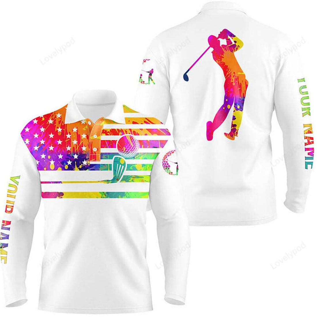 FUNSTUFFPRINT Men Golf Long Sleeve Polo Shirt, Watercolor American Flag Patriot Custom White Golf Shirt