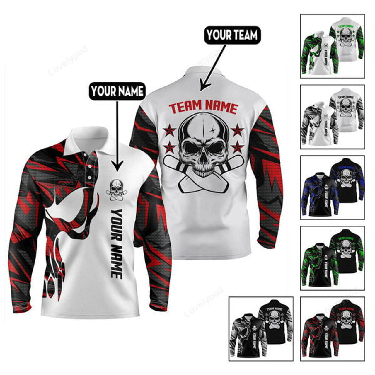 FUNSTUFFPRINT Custom Skull Bowling Polo Shirts For Team, Bowling Long Sleeve 3D Shirt for men and women